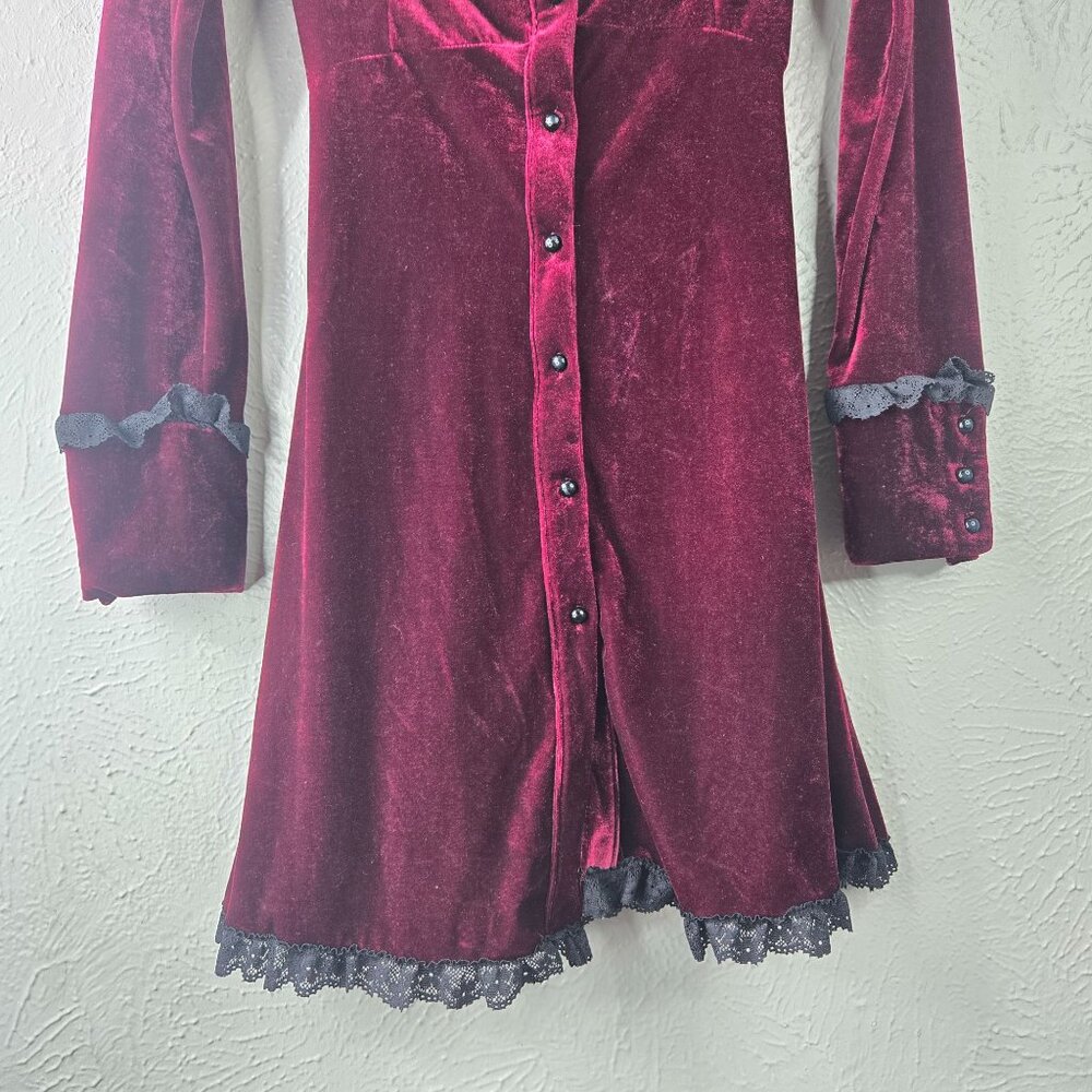 Killstar Burgundy Velvet Lace-Trim Mini Dress - Picture 6 of 13